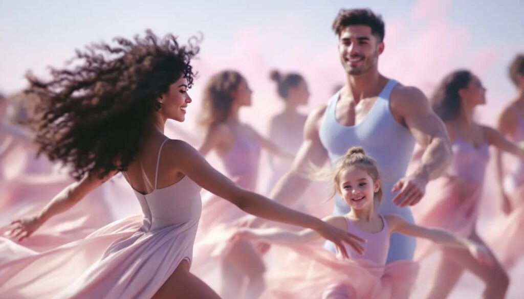 A diverse group of individuals engaging in a ballet-inspired workout